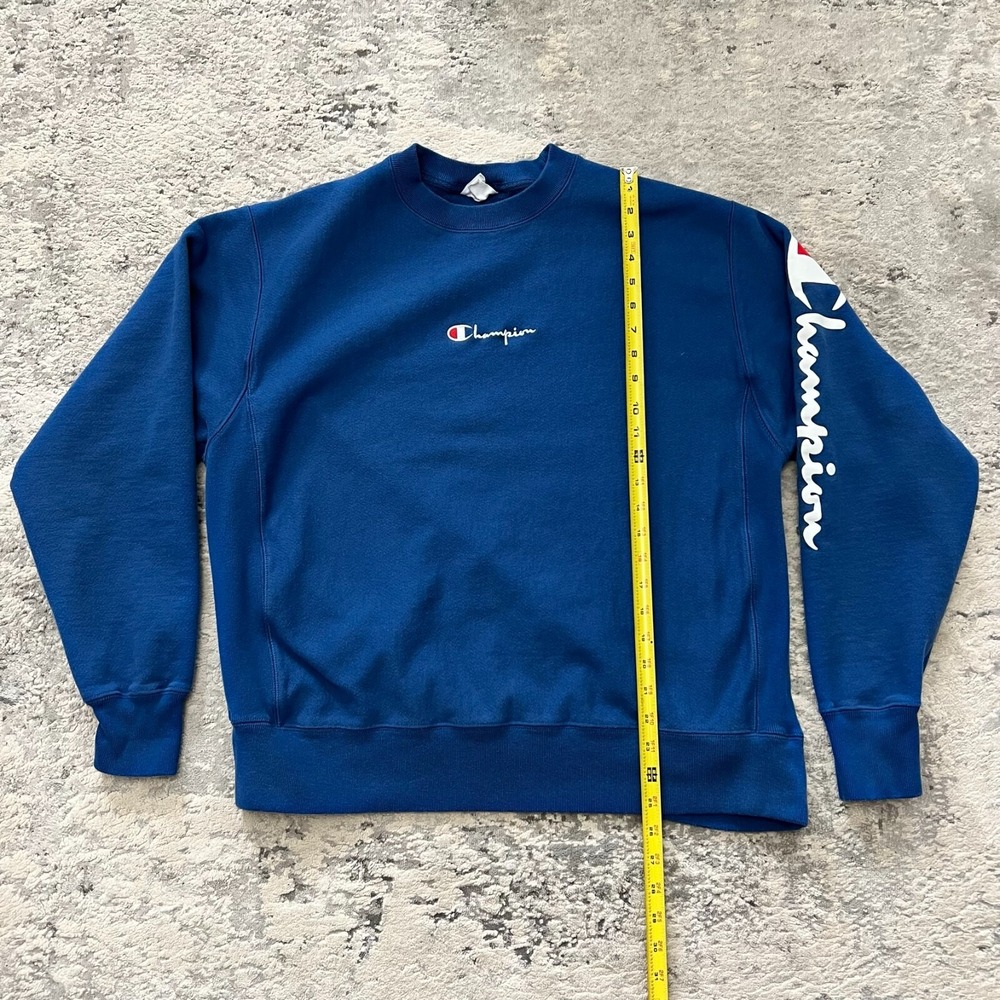 Y2K Champion Crewneck Sweatshirt L Blue Embroidered Small Logo
